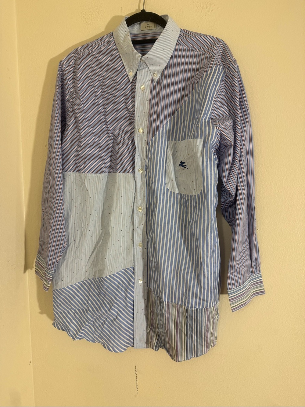 Etro Men's Patchwork Button-Down Shirt in Blue and White
